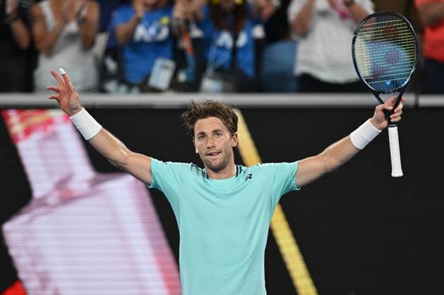 TENNIS AUSTRALIAN OPEN, Casper Ruud of Norway celebrates match point during his 2nd round win over Max Purcell of Australia on Day 5 of the 2024 Australian Open at Melbourne Park in Melbourne, Thursday, January 18, 2024. ( NO ARCHIVING, EDITORIAL USE ONLY, NO USE IN BOOKS WITHOUT CONSENT MELBOURNE VICTORIA AUSTRALIA  Copyright: xLUKASxCOCHx 20240118001890468669