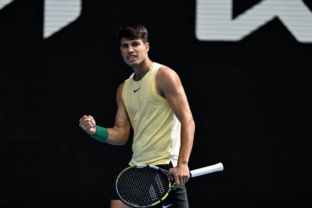 TENNIS AUSTRALIAN OPEN, Carlos Alcaraz of Spain reacts during his 2nd round match against Lorenzo Sonego of Italy on Day 5 of the 2024 Australian Open at Melbourne Park in Melbourne, Thursday, January 18, 2024. ( NO ARCHIVING, EDITORIAL USE ONLY, NO USE IN BOOKS WITHOUT CONSENT MELBOURNE VICTORIA AUSTRALIA  Copyright: xJAMESxROSSx 20240118001890481214