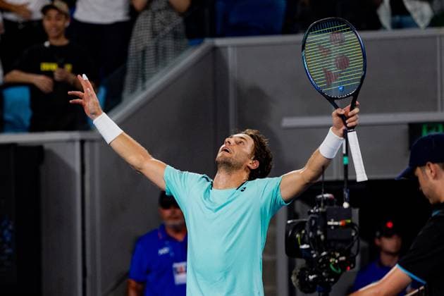 (240118) -- MELBOURNE, Jan. 18, 2024 -- Casper Ruud celebrates during the men s singles 2nd round match between Casper Ruud of Norway and Max Purcell of Australia at Australian Open tennis tournament in Melbourne, Australia, Jan. 18, 2024. (Photo by Xinhua) (SP)AUSTRALIA-MELBOURNE-TENNIS-AUSTRALIAN OPEN ChuxChen 