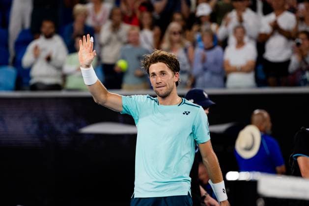 (240118) -- MELBOURNE, Jan. 18, 2024 -- Casper Ruud celebrates during the men s singles 2nd round match between Casper Ruud of Norway and Max Purcell of Australia at Australian Open tennis tournament in Melbourne, Australia, Jan. 18, 2024. (Photo by Xinhua) (SP)AUSTRALIA-MELBOURNE-TENNIS-AUSTRALIAN OPEN ChuxChen 