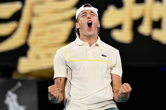 TENNIS AUSTRALIAN OPEN, Athur Cazaux of France celebrates match point during his 2nd round win over Holger Rune of Denmark on Day 5 of the 2024 Australian Open at Melbourne Park in Melbourne, Thursday, January 18, 2024. ( NO ARCHIVING, EDITORIAL USE ONLY, NO USE IN BOOKS WITHOUT CONSENT MELBOURNE VICTORIA AUSTRALIA  Copyright: xLUKASxCOCHx 20240118001890568867