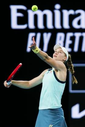 (240118) -- MELBOURNE, Jan. 18, 2024 -- Elena Rybakina of Kazakhstan serves during the women s singles second round match between Elena Rybakina of Kazakhstan and Anna Blinkova of Russia at the Australian Open tennis tournament in Melbourne, Australia, Jan. 18, 2024. ) (SP)AUSTRALIA-MELBOURNE-TENNIS-AUSTRALIAN OPEN MaxPing 