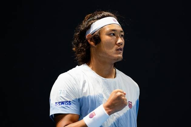 (240118) -- MELBOURNE, Jan. 18, 2024 -- Zhang Zhizhen of China reacts during the men s singles second round match Ugo Humbert of France and Zhang Zhizhen of China at the Australian Open tennis tournament in Melbourne, Australia, Jan. 18, 2024. (Photo by Xinhua) (SP)AUSTRALIA-MELBOURNE-TENNIS-AUSTRALIAN OPEN ChuxChen 
