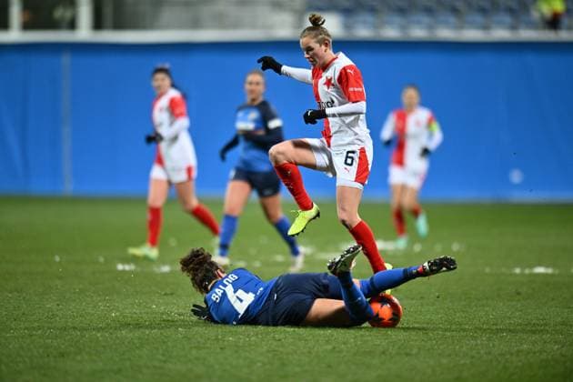 From left (down) Leonarda Balog of St. Polten and Michaela Khyrova of Slavia in action during the St. Polten vs. Slavia Praha UEFA Women s Champions League match in Mlada Boleslav, Czech Republic, January 18, 2024. (CTKxPhoto RadekxPetrasek) CTKPhotoP2024011807886  CTKPhotoP2024011807886