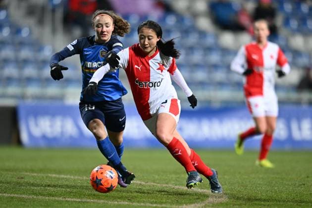 From left Melanie Brunnthaler of St. Polten and Michelle Xiao of Slavia in action during the St. Polten vs. Slavia Praha UEFA Women s Champions League match in Mlada Boleslav, Czech Republic, January 18, 2024. (CTKxPhoto RadekxPetrasek) CTKPhotoP2024011807919  CTKPhotoP2024011807919