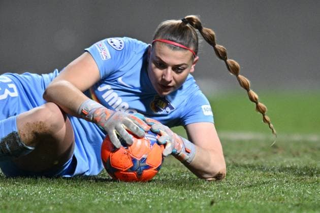 Carina Schluter, goalie of St. Polten in action during the St. Polten vs. Slavia Praha UEFA Women s Champions League match in Mlada Boleslav, Czech Republic, January 18, 2024. (CTKxPhoto RadekxPetrasek) CTKPhotoP2024011808011  CTKPhotoP2024011808011