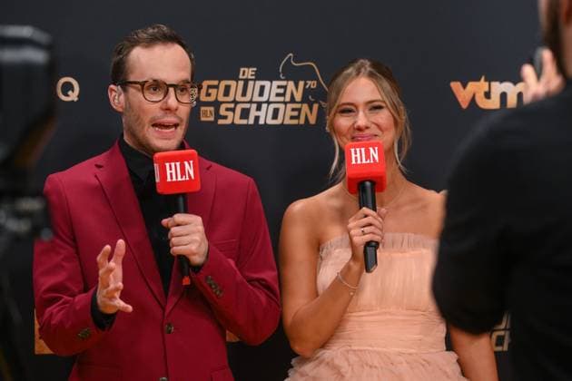 240118 Gala Gouden Schoen 2024 Celine Van Ouytsel en Vincent Fierens pictured during the 70 th men edition of the Goldens Shoe Award ceremony and the 8 th Women s edition. The Golden Shoe , Gouden Schoen , Soulier d™Or is an award for the best soccer player of the Belgian Jupiler Pro League championship during the year 2023. The female award is for the best Belgian female player of 2023. On Thursday 18 January 2024 in Antwerp , BELGIUM . (Photo by Frank Abbeloos & Stijn Audooren Isosport) ANTWERP BELGIUM  Copyright: xx 430699
