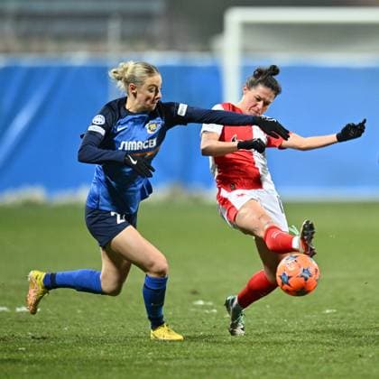 From left Sophie Hillebrand of St. Polten, Martina Surnovska of Slavia in action during the St. Polten vs. Slavia Praha UEFA Women s Champions League match in Mlada Boleslav, Czech Republic, January 18, 2024. (CTKxPhoto RadekxPetrasek) CTKPhotoP2024011808552  CTKPhotoP2024011808552