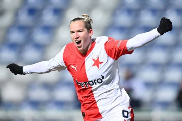 Michaela Khyrova of Slavia celebrates goal during the St. Polten vs. Slavia Praha UEFA Women s Champions League match in Mlada Boleslav, Czech Republic, January 18, 2024. (CTKxPhoto RadekxPetrasek) CTKPhotoP2024011808580  CTKPhotoP2024011808580