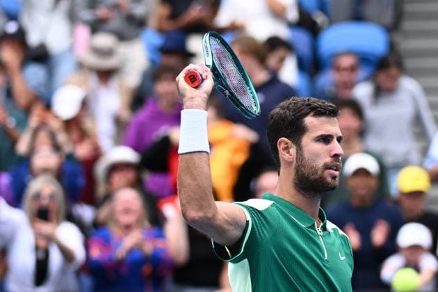 TENNIS AUSTRALIAN OPEN, Karen Khachanov of Russia celebrates match point during his 3rd round win over Tomas Machac of Czech Republic on Day 6 of the 2024 Australian Open at Melbourne Park in Melbourne, Friday, January 19, 2024. ( NO ARCHIVING, EDITORIAL USE ONLY, NO USE IN BOOKS WITHOUT CONSENT MELBOURNE VICTORIA AUSTRALIA  Copyright: xJOELxCARRETTx 20240119001890860957