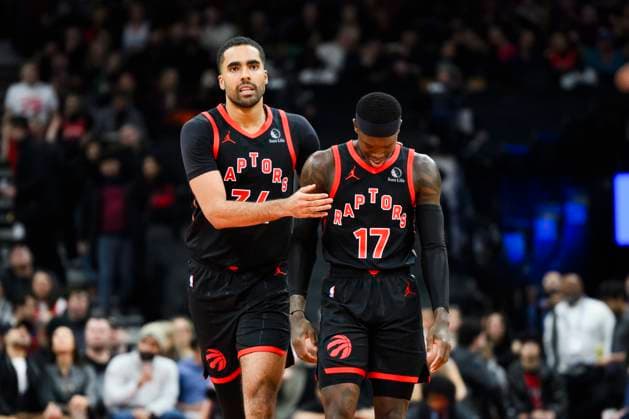 Sport Themen der Woche KW03 Sport Bilder des Tages January 18, 2024, Toronto, On, CANADA: Toronto Raptors forward Jontay Porter and guard Dennis Schroder (17) walk back to centre court during first half NBA, Basketball Herren, USA basketball action against the Chicago Bulls, in Toronto on Thursday, January 18, 2024. Canada News - January 18, 2024  - ZUMAc35_ 20240118_zaf_c35_103 Copyright: xChristopherxKatsarovx