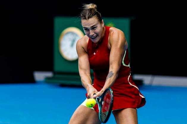 MELBOURNE, VIC - JANUARY 19: Aryna Sabalenka of Belarus in action during the 3rd round of the 2024 Australian Open on January 19 2024, at Melbourne Park in Melbourne, Australia. (Photo by Jason Heidrich Icon Sportswire) TENNIS: JAN 19 Australian Open EDITORIAL USE ONLY Icon240119064