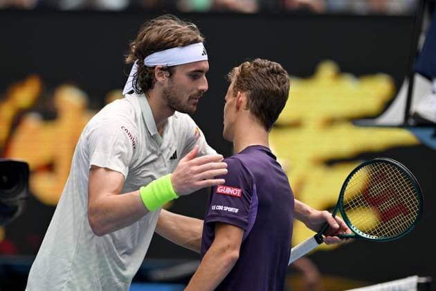 TENNIS AUSTRALIAN OPEN, Stefanos Tsitsipas of Greece is congratulates by Luca Van Assche of France on for his 3rd round win on Day 6 of the 2024 Australian Open at Melbourne Park in Melbourne, Friday, January 19, 2024. ( NO ARCHIVING, EDITORIAL USE ONLY, NO USE IN BOOKS WITHOUT CONSENT MELBOURNE VICTORIA AUSTRALIA  Copyright: xLUKASxCOCHx 20240119001890876942