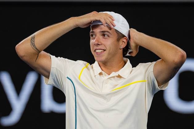 (240119) -- MELBOURNE, Jan. 19, 2024 -- Arthur Cazaux celebrates after the men s singles second round match between Arthur Cazaux of France and Holger Rune of Denmark at the Australian Open tennis tournament in Melbourne, Australia, Jan. 18, 2024. (Photo by Xinhua) (SP)AUSTRALIA-MELBOURNE-TENNIS-AUSTRALIAN OPEN ChuxChen 