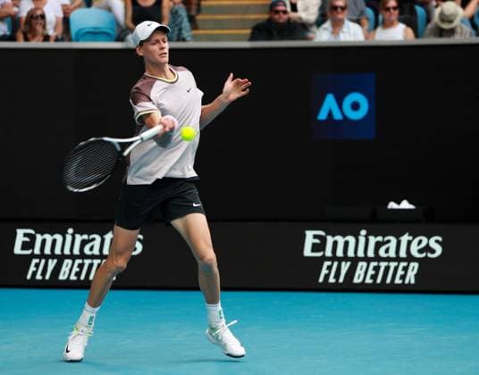 (240119) -- MELBOURNE, Jan. 19, 2024 -- Jannik Sinner of Italy returns a shot during the men s singles 3rd round match between Jannik Sinner of Italy and Sebastian Baez of Argentina at Australian Open tennis tournament in Melbourne, Australia, Jan. 19, 2024. ) (SP)AUSTRALIA-MELBOURNE-TENNIS-AUSTRALIAN OPEN MaxPing 