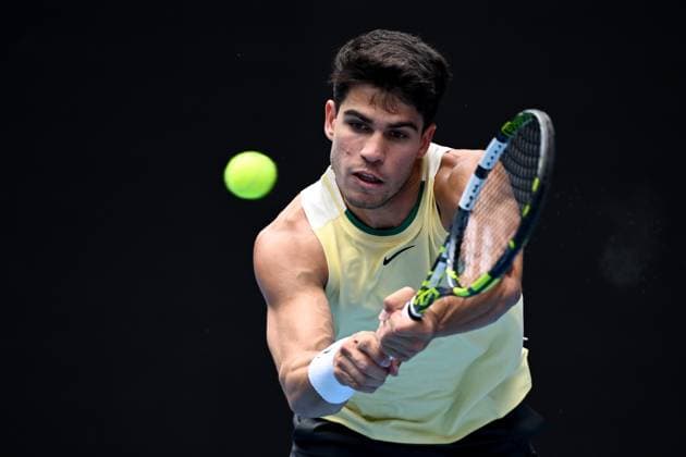 TENNIS AUSTRALIAN OPEN, Carlos Alcaraz of Spain in action during his 3rd round match against Juncheng Shang of China on Day 7 of the 2024 Australian Open at Melbourne Park in Melbourne, Saturday, January 20, 2024. ( NO ARCHIVING, EDITORIAL USE ONLY, NO USE IN BOOKS WITHOUT CONSENT MELBOURNE VICTORIA AUSTRALIA  Copyright: xJOELxCARRETTx 20240120001891256860