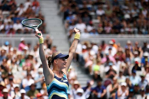 January 20, 2024, Melbourne, Victoria, Australia: MELBOURNE, AUSTRALIA - JANUARY 20: Dayana Yastremska of Ukraine celebrates beating Emma Navarro of USA on Day 7 of the 2024 Australian Open at Melbourne Park on January 20, 2024 in Melbourne, Australia. Melbourne Australia - ZUMAp121 20240120_zsp_p121_051 Copyright: xChrisxPutnamx