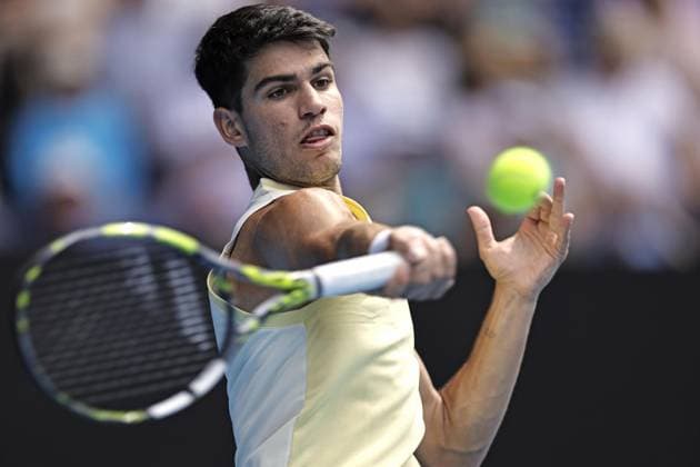 Tennis: Australian Open Carlos Alcaraz of Spain plays against Shang Juncheng of China in the third round of the men s singles at the Australian Open tennis tournament in Melbourne on Jan. 20, 2024.  A14AA0002350949P