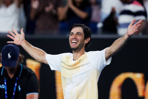 January 20, 2024, Melbourne, Victoria, Australia: MELBOURNE, AUSTRALIA - JANUARY 20: Nuno Borges of Portugal celebrates beating Grigor Dimitrov of Bulgaria on Day 7 of the 2024 Australian Open at Melbourne Park on January 20, 2024 in Melbourne, Australia. Melbourne Australia - ZUMAp121 20240120_zsp_p121_087 Copyright: xChrisxPutnamx