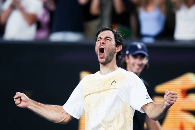 January 20, 2024, Melbourne, Victoria, Australia: MELBOURNE, AUSTRALIA - JANUARY 20: Nuno Borges of Portugal celebrates beating Grigor Dimitrov of Bulgaria on Day 7 of the 2024 Australian Open at Melbourne Park on January 20, 2024 in Melbourne, Australia. Melbourne Australia - ZUMAp121 20240120_zsp_p121_088 Copyright: xChrisxPutnamx