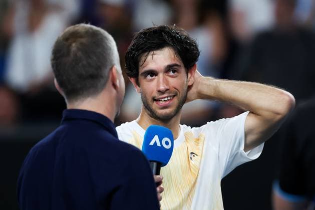 January 20, 2024, Melbourne, Victoria, Australia: MELBOURNE, AUSTRALIA - JANUARY 20: Nuno Borges of Portugal is interviewed after beating Grigor Dimitrov of Bulgaria on Day 7 of the 2024 Australian Open at Melbourne Park on January 20, 2024 in Melbourne, Australia. Melbourne Australia - ZUMAp121 20240120_zsp_p121_093 Copyright: xChrisxPutnamx