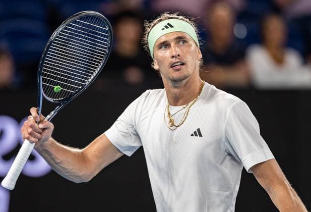 (240120) -- MELBOURNE, Jan. 20, 2024 -- Alexander Zverev celebrates scoring during the men s singles third round match between Alexander Zverev of Germany and Alex Michelsen of the United States at the Australian Open tennis tournament in Melbourne, Australia, Jan. 20, 2024. (Photo by Xinhua) (SP)AUSTRALIA-MELBOURNE-TENNIS-AUSTRALIAN OPEN HuxJingchen 