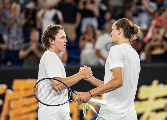 (240120) -- MELBOURNE, Jan. 20, 2024 -- Alexander Zverev (R) of Germany shakes hands with Alex Michelsen of the United States after the men s singles third round match at the Australian Open tennis tournament in Melbourne, Australia, Jan. 20, 2024. (Photo by Xinhua) (SP)AUSTRALIA-MELBOURNE-TENNIS-AUSTRALIAN OPEN HuxJingchen 