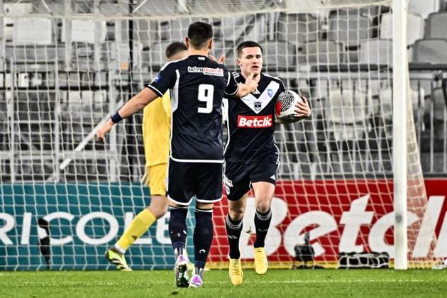 Joie but Clement Michelin (gir) FOOTBALL : Bordeaux vs Nice - 16eme de Finale de la Coupe de France - Bordeaux - 20-01-2024 ThierryBreton Panoramic 