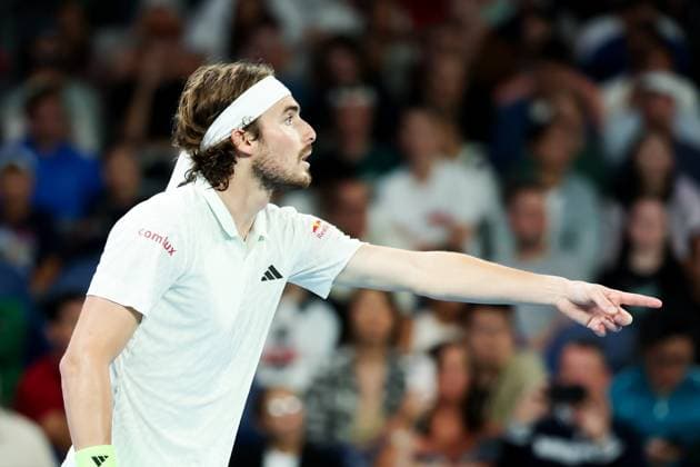 January 21, 2024, Melbourne, Victoria, Australia: MELBOURNE, AUSTRALIA - JANUARY 21: Stefanos Tsitsipas of Greece whilst playing Taylor Fritz of USA on day 8 of the 2024 Australian Open at Melbourne Park on January 21, 2024 in Melbourne, Australia. Melbourne Australia - ZUMAp121 20240121_zsp_p121_083 Copyright: xChrisxPutnamx