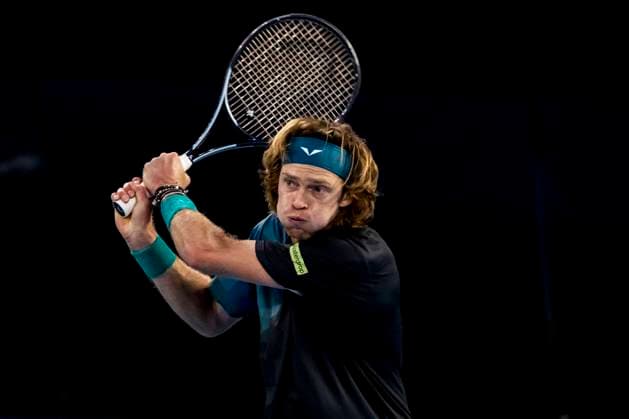 MELBOURNE, VIC - JANUARY 21: Andrey Rublev of Russia in action during the 4th round of the 2024 Australian Open on January 21 2024, at Melbourne Park in Melbourne, Australia. (Photo by Jason Heidrich Icon Sportswire) TENNIS: JAN 21 Australian Open EDITORIAL USE ONLY Icon240121234