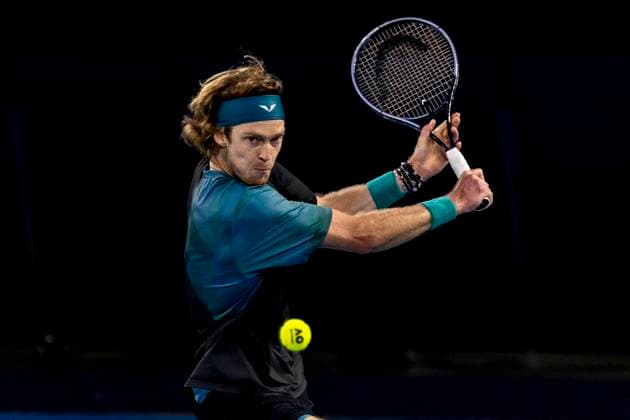 MELBOURNE, VIC - JANUARY 21: Andrey Rublev of Russia in action during the 4th round of the 2024 Australian Open on January 21 2024, at Melbourne Park in Melbourne, Australia. (Photo by Jason Heidrich Icon Sportswire) TENNIS: JAN 21 Australian Open EDITORIAL USE ONLY Icon240121240