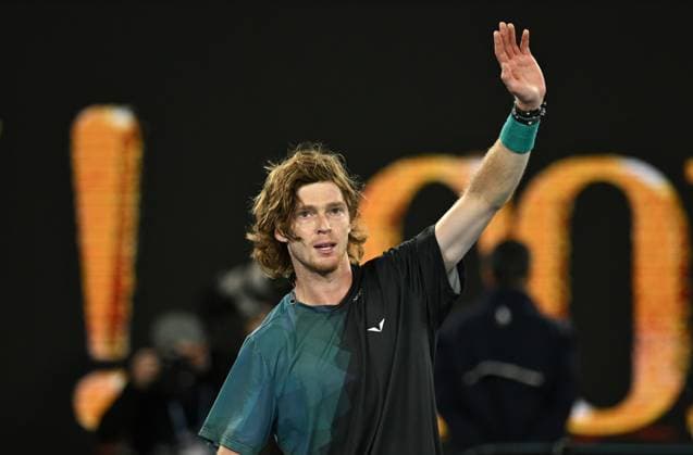 TENNIS AUSTRALIAN OPEN, Andrey Rublev of Russia reacts after winning his 4th round match against Alex de Minaur of Australia on Day 8 of the 2024 Australian Open at Melbourne Park in Melbourne, Sunday, January 21, 2024. ( NO ARCHIVING, EDITORIAL USE ONLY, NO USE IN BOOKS WITHOUT CONSENT MELBOURNE VICTORIA AUSTRALIA  Copyright: xLUKASxCOCHx 20240121001891767938