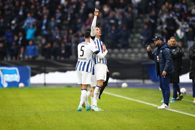 21.01.2024, xtgx, Fussball 2.Bundesliga, Hertha BSC Berlin - Fortuna Duesseldorf emspor, v.l. Torjubel nach dem Tor zum celebrating the goal celebrate 1:0 durch Haris Tabakovic (Hertha BSC Berlin) (DFL DFB REGULATIONS PROHIBIT ANY USE OF PHOTOGRAPHS as IMAGE SEQUENCES and or QUASI-VIDEO) Berlin