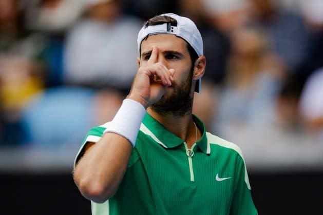 (240121) -- MELBOURNE, Jan. 21, 2024 -- Karen Khachanov celebrates during the men s singles fourth round match between Jannik Sinner of Italy and Karen Khachanov of Russia at the Australian Open tennis tournament in Melbourne, Australia, Jan. 21, 2024. (Photo by Xinhua) (SP)AUSTRALIA-MELBOURNE-TENNIS-AUSTRALIAN OPEN ChuxChen 