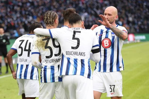 21.01.2024, xtgx, Fussball 2.Bundesliga, Hertha BSC Berlin - Fortuna Duesseldorf emspor, v.l. Torjubel nach dem Tor zum celebrating the goal celebrate 2:1 durch Derry Scherhant (Hertha BSC Berlin) (DFL DFB REGULATIONS PROHIBIT ANY USE OF PHOTOGRAPHS as IMAGE SEQUENCES and or QUASI-VIDEO) Berlin