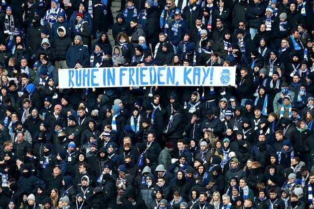 21.01.2024, xtgx, Fussball 2.Bundesliga, Hertha BSC Berlin - Fortuna Duesseldorf emspor, v.l. Spruchband Plakat Schild fuer den verstorbenen Kay Bernstein Trauer (DFL DFB REGULATIONS PROHIBIT ANY USE OF PHOTOGRAPHS as IMAGE SEQUENCES and or QUASI-VIDEO) Berlin