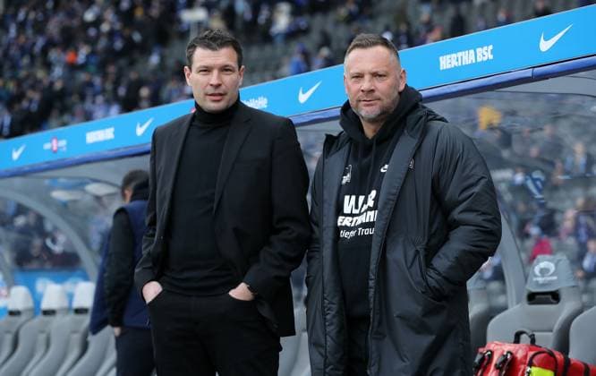 Sportdirektor Benjamin Weber, Trainer Pal Dardai Aktion Oberkörper Fußball Fussball DFL 2.Bundesliga Herren 18.Spieltag Saison 2023 2024 21.01.2024 Hertha BSC Berlin vs. Fortuna Düsseldorf DFL regulations prohibit any use of photographs as image sequences and or quasi-video