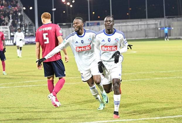 Joie de Mouhamadou Diarra (strasbourg) FOOTBALL : Clermont Foot vs Racing Club de Strasbourg Alsace - 1 16e Coupe de France - 21 01 2024 FredericChambert Panoramic 