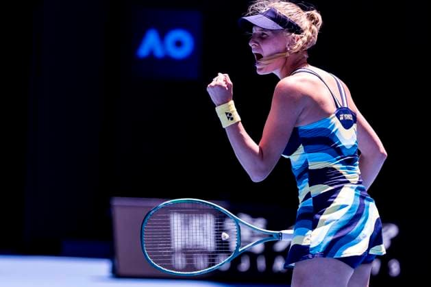 MELBOURNE, VIC - JANUARY 22: Dayana Yastremska of Ukraine celebrates during the 4th round of the 2024 Australian Open on January 22 2024, at Melbourne Park in Melbourne, Australia. (Photo by Jason Heidrich Icon Sportswire) TENNIS: JAN 22 Australian Open EDITORIAL USE ONLY Icon240122033