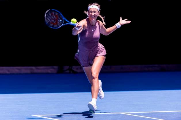 MELBOURNE, VIC - JANUARY 22: Victoria Azarenka of Belarus in action during the 4th round of the 2024 Australian Open on January 22 2024, at Melbourne Park in Melbourne, Australia. (Photo by Jason Heidrich Icon Sportswire) TENNIS: JAN 22 Australian Open EDITORIAL USE ONLY Icon240122062