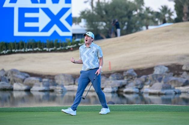 LA QUINTA, CA - JANUARY 21: Nick Dunlap (a) (USA) reacts to sinking his par putt on 18 to win The American Express tournament at PGA, Golf Herren West, Dye Stadium Course on January 21, 2024 in La Quinta, California. (Photo by Ken Murray Icon Sportswire) GOLF: JAN 21 PGA The American Express EDITORIAL USE ONLY Icon2401210074