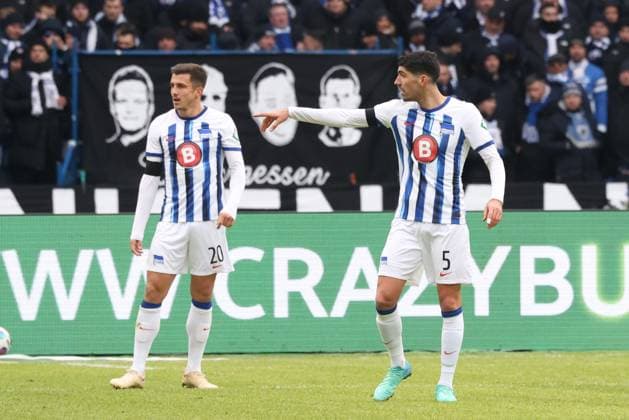DEU, DFL, 2. FBL, Hertha BSC vs. Fortuna Duesseldorf, 21.01.2024, Berliner Olympiastadion, Berlin, DEU, DFL, 2. FBL, Hertha BSC vs. Fortuna Duesseldorf, im Bild Andreas Bouchalakis (Hertha BSC Berlin 5), Marc-Oliver Kempf (Hertha BSC Berlin 20) DFL - regulations prohibit any use of Photographs as image sequences and or quasi-video Foto: Juergen Engler nordphoto GmbH