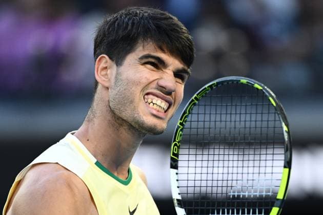 TENNIS AUSTRALIAN OPEN, Carlos Alcaraz of Spain reacts during his 4th round match against Miomir Kecmanovic of Serbia on Day 9 of the 2024 Australian Open at Melbourne Park in Melbourne, Monday, January 22, 2024. ( NO ARCHIVING, EDITORIAL USE ONLY, NO USE IN BOOKS WITHOUT CONSENT MELBOURNE VICTORIA AUSTRALIA  Copyright: xJOELxCARRETTx 20240122001892192756