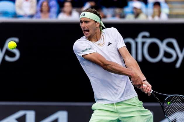 MELBOURNE, VIC - JANUARY 22: Alexander Zverev of Germany in action during the 4th round of the 2024 Australian Open on January 22 2024, at Melbourne Park in Melbourne, Australia. (Photo by Jason Heidrich Icon Sportswire) TENNIS: JAN 22 Australian Open EDITORIAL USE ONLY Icon240122133