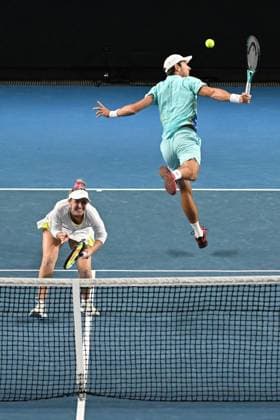TENNIS AUSTRALIAN OPEN, Matthew Ebden and Storm Hunter of Australia in action during their 2nd round mixed doubles match against Jaimee Fourlis and Andrew Harris of Australia on Day 9 of the 2024 Australian Open at Melbourne Park in Melbourne, Monday, January 22, 2024. ( NO ARCHIVING, EDITORIAL USE ONLY, NO USE IN BOOKS WITHOUT CONSENT MELBOURNE VICTORIA AUSTRALIA  Copyright: xLUKASxCOCHx 20240122001892218961