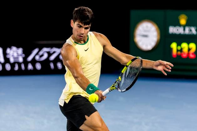 MELBOURNE, VIC - JANUARY 22: Carlos Alcaraz of Spain in action during the 4th round of the 2024 Australian Open on January 22 2024, at Melbourne Park in Melbourne, Australia. (Photo by Jason Heidrich Icon Sportswire) TENNIS: JAN 22 Australian Open EDITORIAL USE ONLY Icon240122198