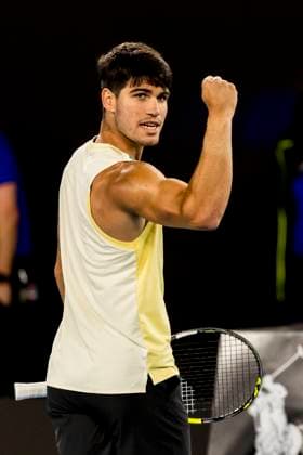 MELBOURNE, VIC - JANUARY 22: Carlos Alcaraz of Spain celebrates during the 4th round of the 2024 Australian Open on January 22 2024, at Melbourne Park in Melbourne, Australia. (Photo by Jason Heidrich Icon Sportswire) TENNIS: JAN 22 Australian Open EDITORIAL USE ONLY Icon240122218