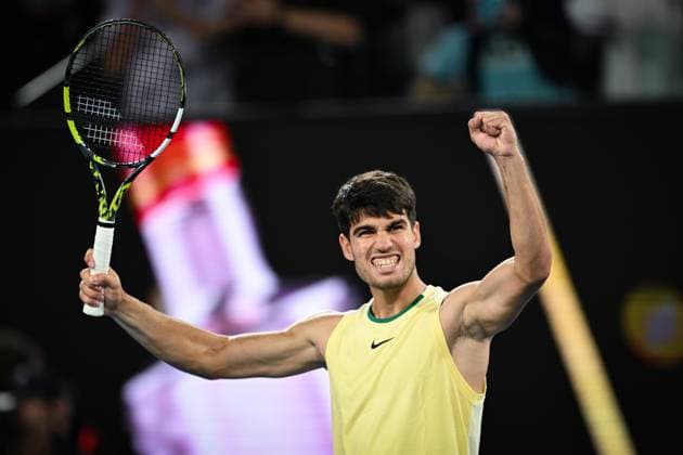 Carlos Alcaraz (ESP) celebrates winning his fourth round match Australian Open, Day Nine, Tennis, Melbourne Park, Melbourne, Australia - 22 Jan 2024  Copyright: xJamesxGourley Shutterstockx 14306291gn