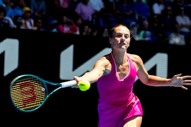 MELBOURNE, VIC - JANUARY 23: Marta Kostyuk of Ukraine in action during the Quarterfinals of the 2024 Australian Open on January 23 2024, at Melbourne Park in Melbourne, Australia. (Photo by Jason Heidrich Icon Sportswire) TENNIS: JAN 23 Australian Open EDITORIAL USE ONLY Icon240123031