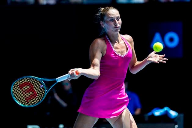 MELBOURNE, VIC - JANUARY 23: Marta Kostyuk of Ukraine in action during the Quarterfinals of the 2024 Australian Open on January 23 2024, at Melbourne Park in Melbourne, Australia. (Photo by Jason Heidrich Icon Sportswire) TENNIS: JAN 23 Australian Open EDITORIAL USE ONLY Icon240123042